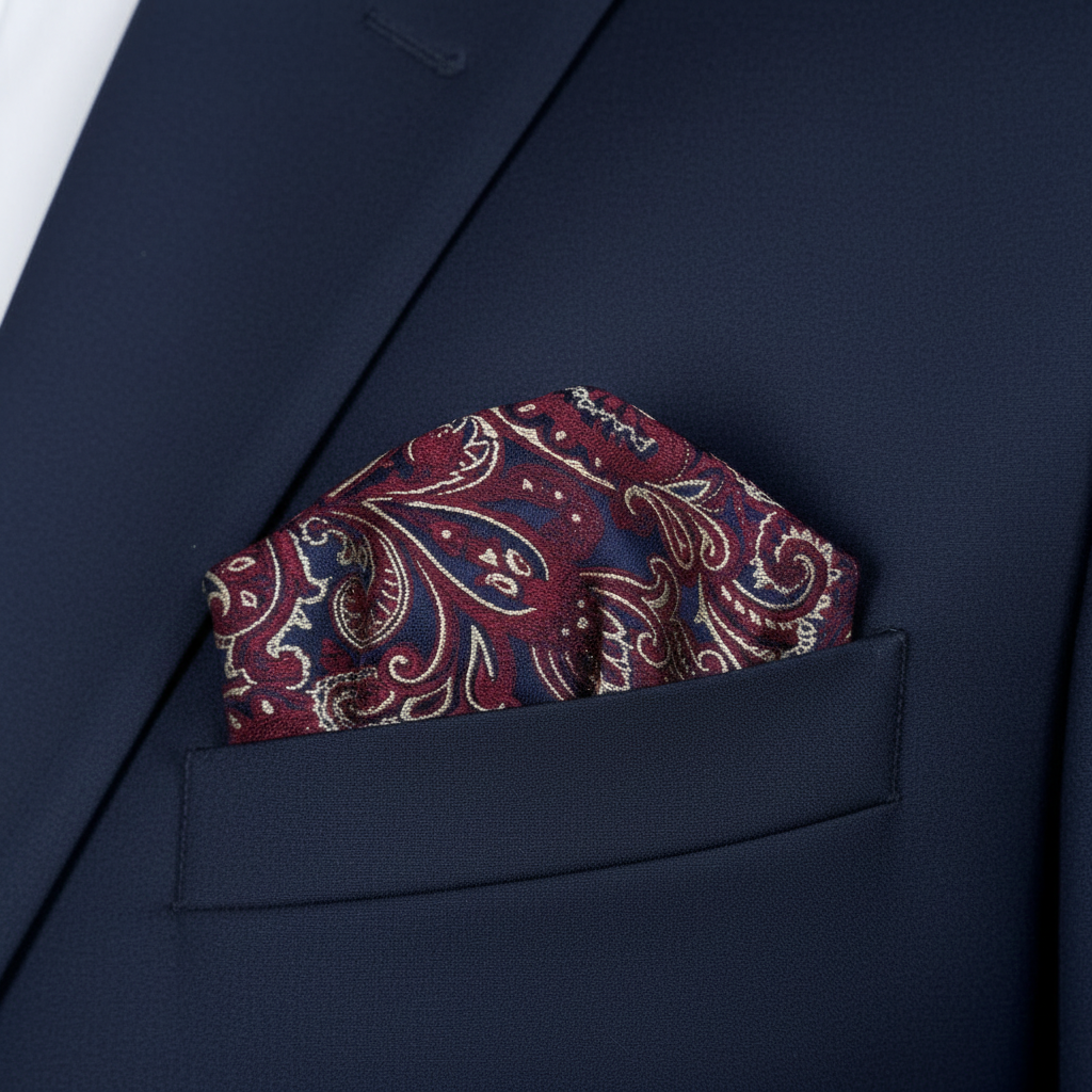 Dettaglio fazzoletto damascato bordeaux e blu nella tasca della giacca