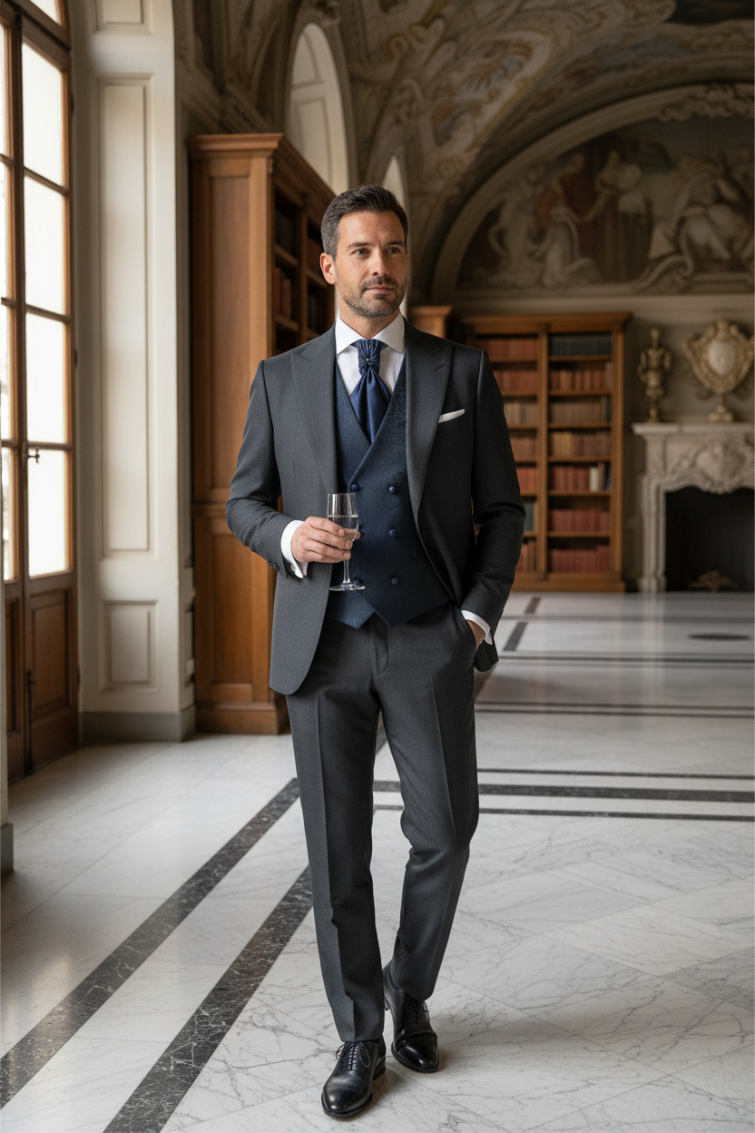 gGilet da sposo doppio petto damascato blu