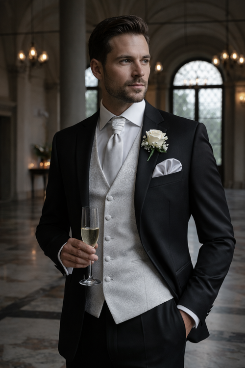 Gilet Apollo grigio perla fronte dettaglio tessuto jacquard damascato 