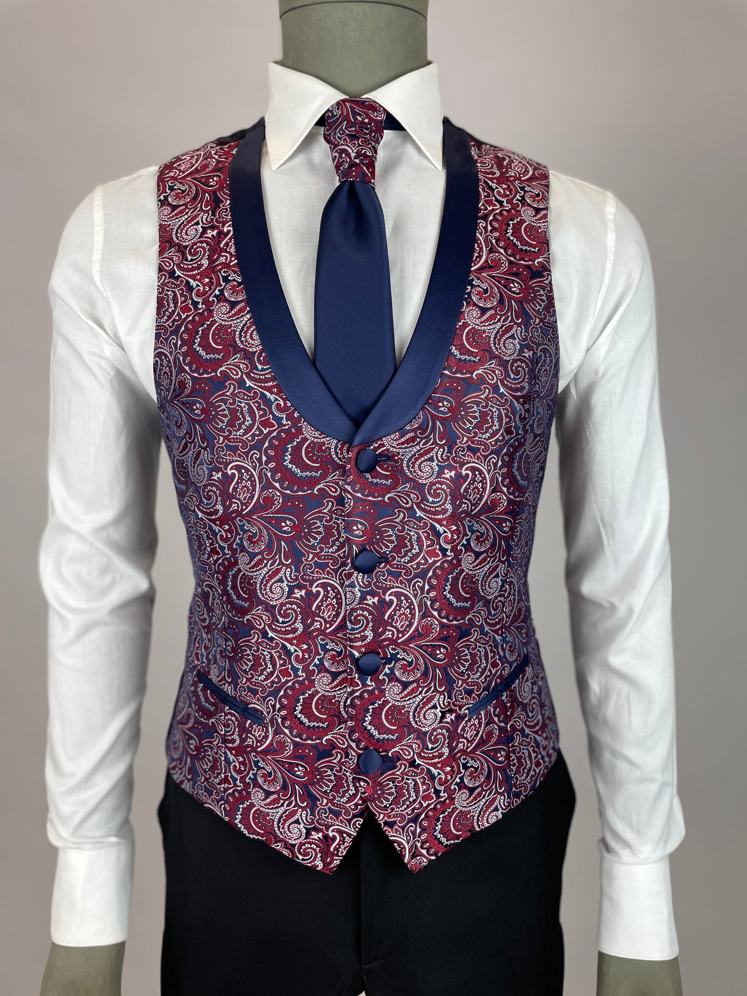 Gilet da sposo-damascato bordeaux e blu quattro bottoni