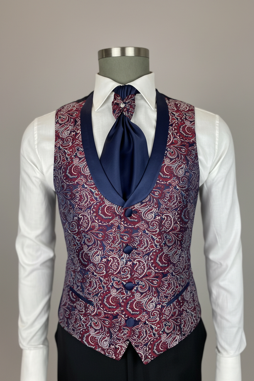 Gilet damascato bordeaux e blu con cravatta