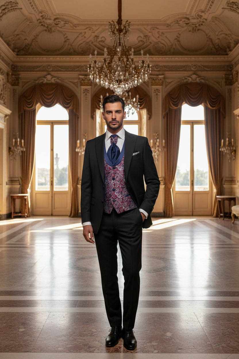 Gilet damascato bordeaux e blu con giacca