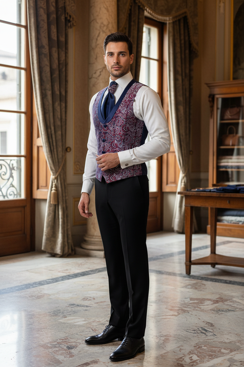 Gilet damascato bordeaux e blu