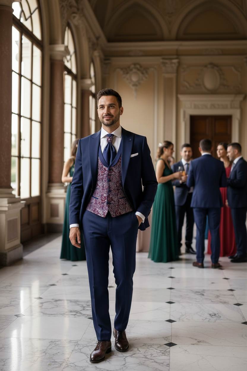 Gilet damascato bordeax blu con cravatta cerimonia