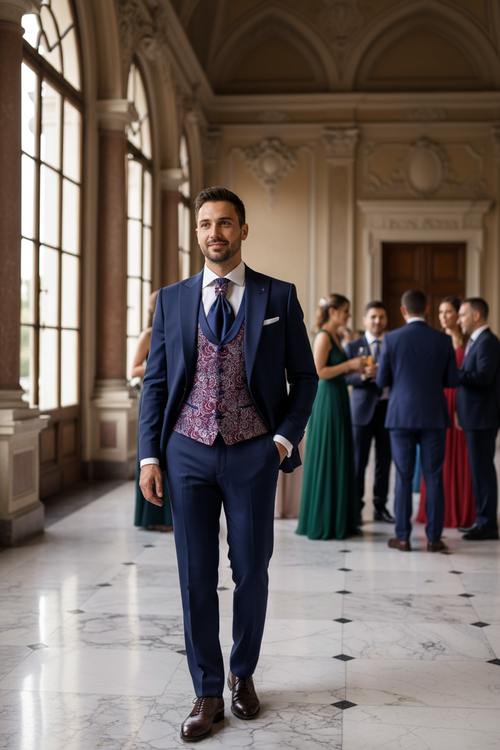 Gilet damascato figura intera con invitati matrimonio