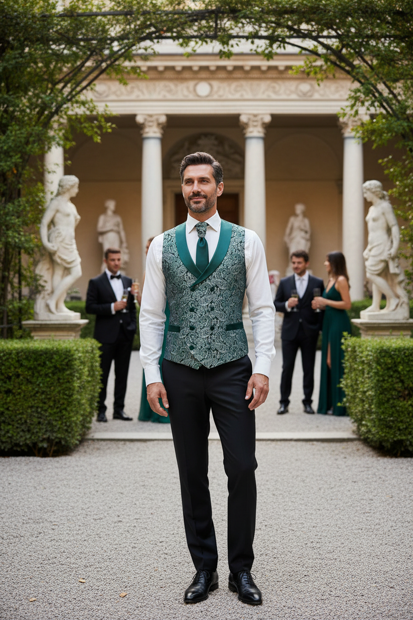 Gilet da sposo tessuto damascato verde doppio petto  