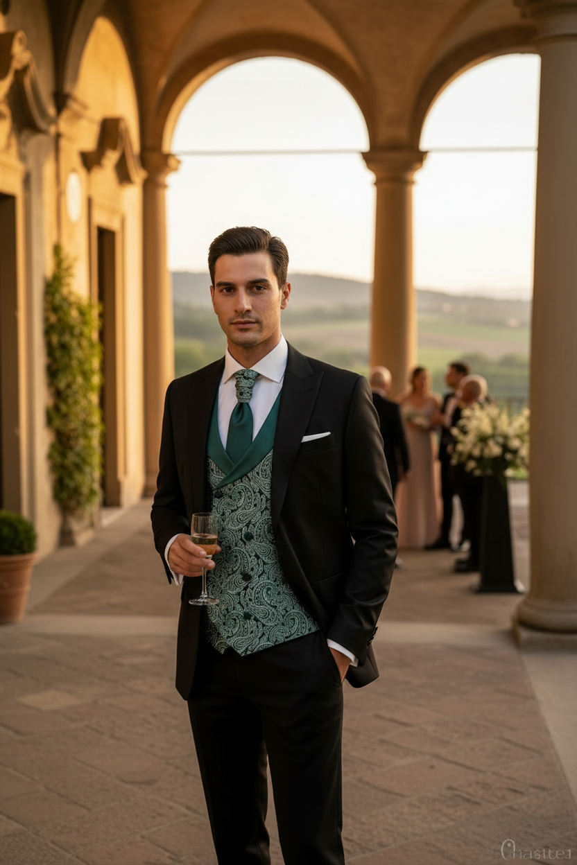 Gilet verde con giacca in cortile italiano