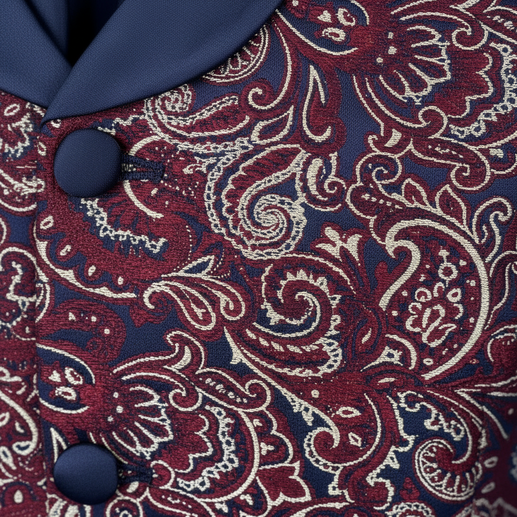 dettaglio tessuto e bottone damascato bordeaux e blu